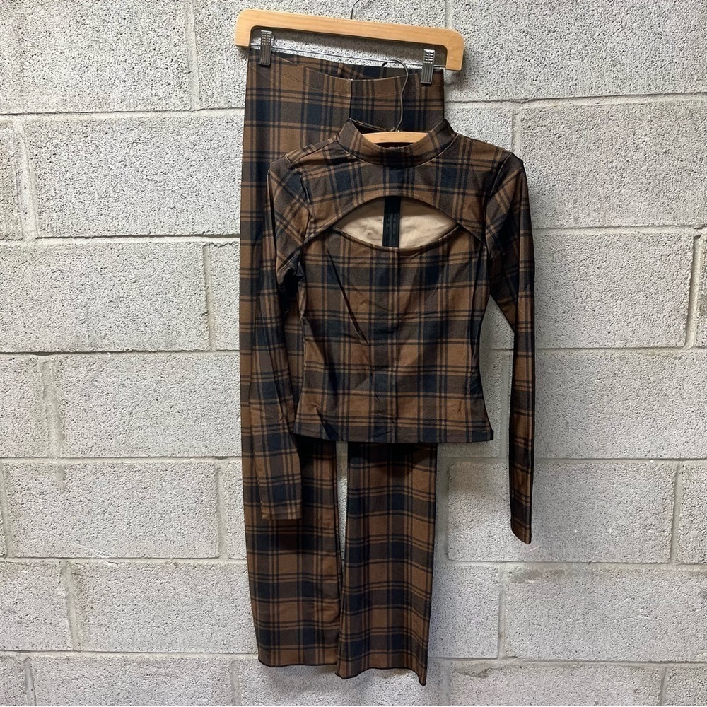 New Good American Disco Tartan Stretch Set in Brown
